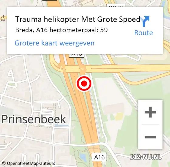 Locatie op kaart van de 112 melding: Trauma helikopter Met Grote Spoed Naar Breda, A16 hectometerpaal: 59 op 10 december 2022 04:41