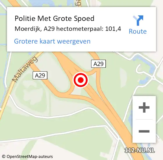 Locatie op kaart van de 112 melding: Politie Met Grote Spoed Naar Moerdijk, A29 hectometerpaal: 101,4 op 10 december 2022 04:58