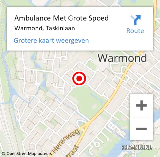Locatie op kaart van de 112 melding: Ambulance Met Grote Spoed Naar Warmond, Taskinlaan op 10 december 2022 10:04