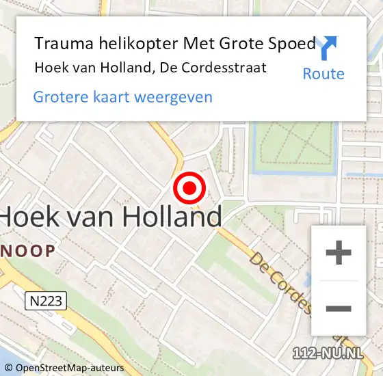 Locatie op kaart van de 112 melding: Trauma helikopter Met Grote Spoed Naar Hoek van Holland, De Cordesstraat op 10 december 2022 11:38
