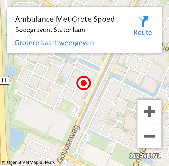 Locatie op kaart van de 112 melding: Ambulance Met Grote Spoed Naar Bodegraven, Statenlaan op 10 december 2022 11:59