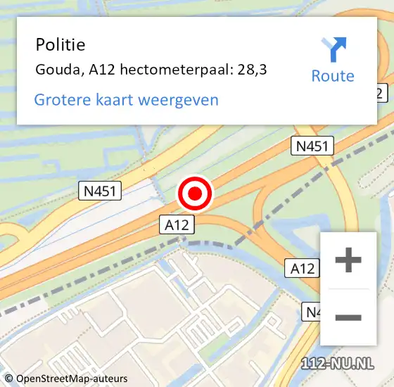 Locatie op kaart van de 112 melding: Politie Gouda, A12 hectometerpaal: 28,3 op 10 december 2022 13:05