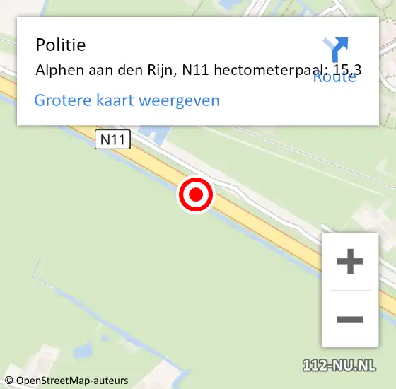 Locatie op kaart van de 112 melding: Politie Alphen aan den Rijn, N11 hectometerpaal: 15,3 op 10 december 2022 14:26