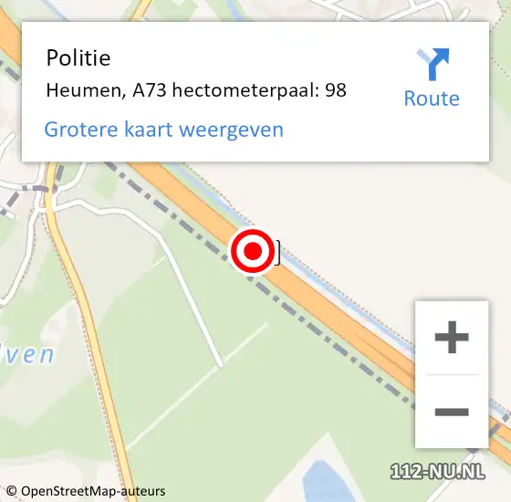 Locatie op kaart van de 112 melding: Politie Heumen, A73 hectometerpaal: 98 op 10 december 2022 15:21