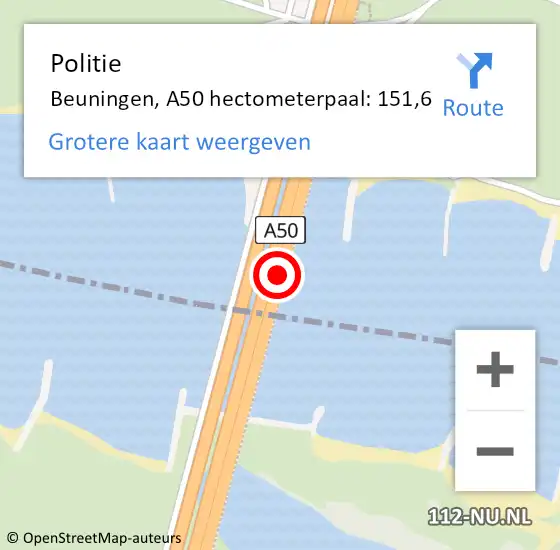 Locatie op kaart van de 112 melding: Politie Beuningen, A50 hectometerpaal: 151,6 op 10 december 2022 15:52