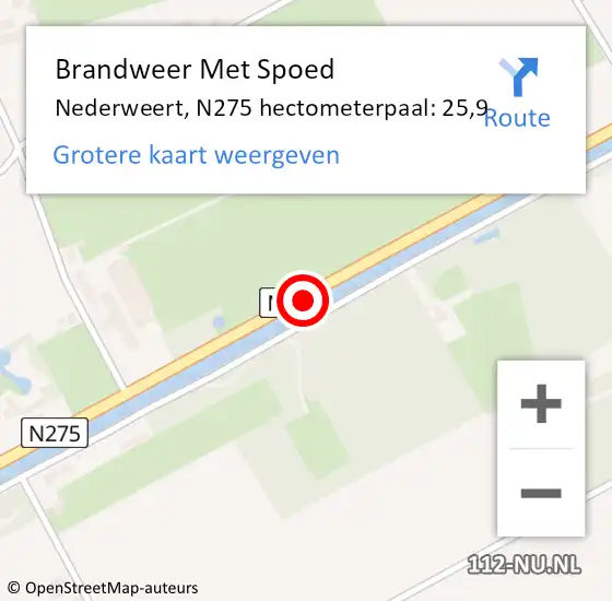 Locatie op kaart van de 112 melding: Brandweer Met Spoed Naar Nederweert, N275 hectometerpaal: 25,9 op 10 december 2022 15:53