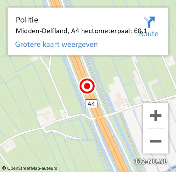 Locatie op kaart van de 112 melding: Politie Midden-Delfland, A4 hectometerpaal: 60,1 op 10 december 2022 15:55