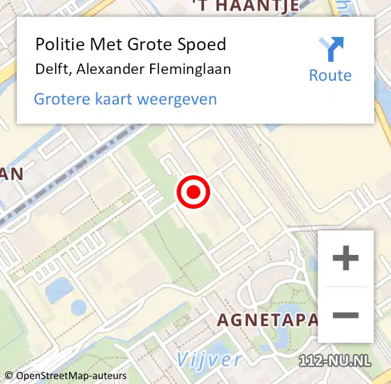 Locatie op kaart van de 112 melding: Politie Met Grote Spoed Naar Delft, Alexander Fleminglaan op 10 december 2022 18:02