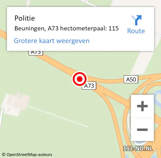 Locatie op kaart van de 112 melding: Politie Beuningen, A73 hectometerpaal: 115 op 10 december 2022 18:17