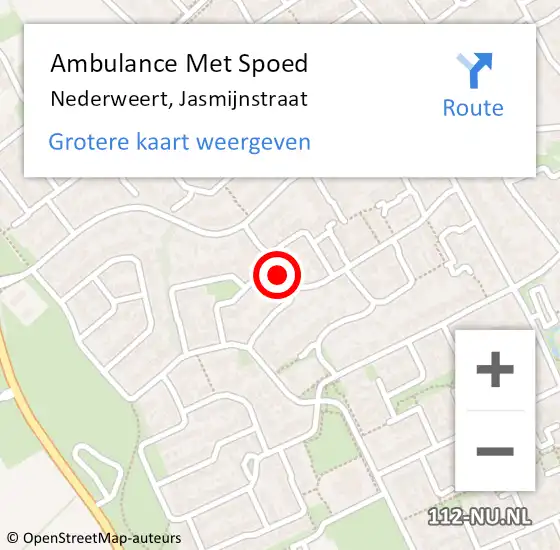 Locatie op kaart van de 112 melding: Ambulance Met Spoed Naar Nederweert, Jasmijnstraat op 10 december 2022 19:37