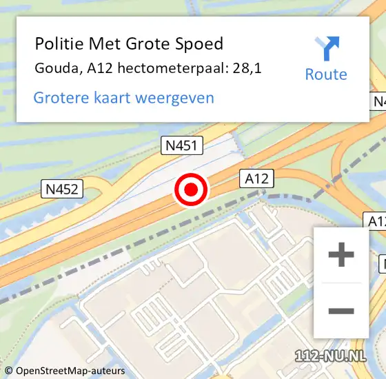 Locatie op kaart van de 112 melding: Politie Met Grote Spoed Naar Gouda, A12 hectometerpaal: 28,1 op 10 december 2022 23:38