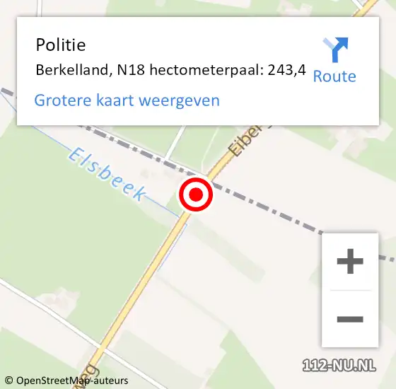 Locatie op kaart van de 112 melding: Politie Berkelland, N18 hectometerpaal: 243,4 op 11 december 2022 00:10