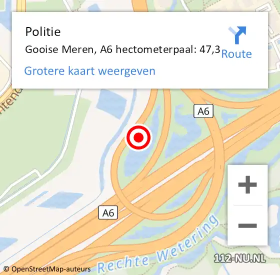 Locatie op kaart van de 112 melding: Politie Gooise Meren, A6 hectometerpaal: 47,3 op 11 december 2022 04:06