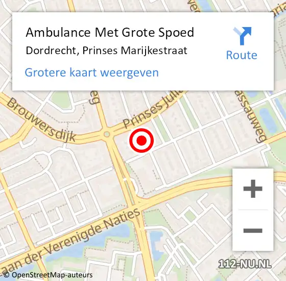 Locatie op kaart van de 112 melding: Ambulance Met Grote Spoed Naar Dordrecht, Prinses Marijkestraat op 11 december 2022 14:18