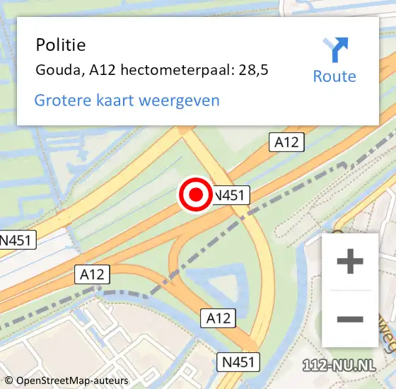 Locatie op kaart van de 112 melding: Politie Gouda, A12 hectometerpaal: 28,5 op 11 december 2022 15:49