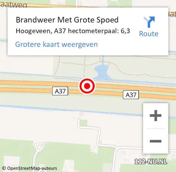Locatie op kaart van de 112 melding: Brandweer Met Grote Spoed Naar Hoogeveen, A37 hectometerpaal: 6,3 op 11 december 2022 17:45