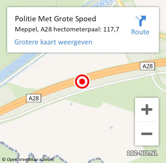 Locatie op kaart van de 112 melding: Politie Met Grote Spoed Naar Meppel, A28 hectometerpaal: 117,7 op 11 december 2022 18:21