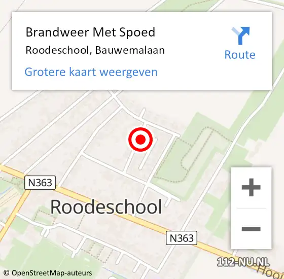 Locatie op kaart van de 112 melding: Brandweer Met Spoed Naar Roodeschool, Bauwemalaan op 12 december 2022 00:25