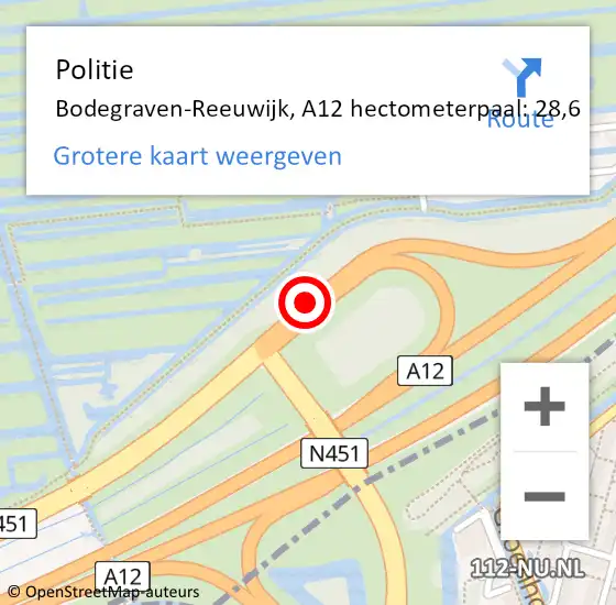 Locatie op kaart van de 112 melding: Politie Gouda, A12 hectometerpaal: 28,6 op 12 december 2022 05:52