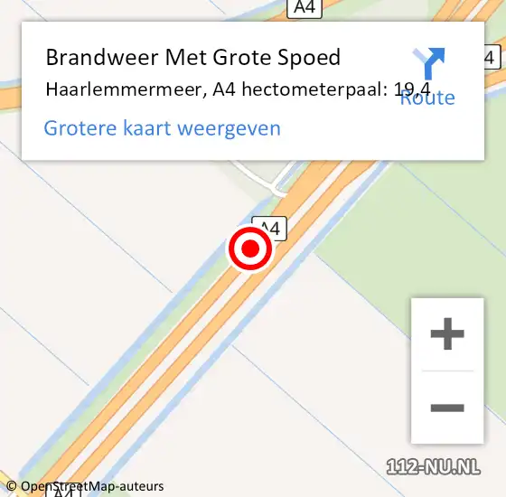 Locatie op kaart van de 112 melding: Brandweer Met Grote Spoed Naar Haarlemmermeer, A4 hectometerpaal: 19,4 op 12 december 2022 07:48