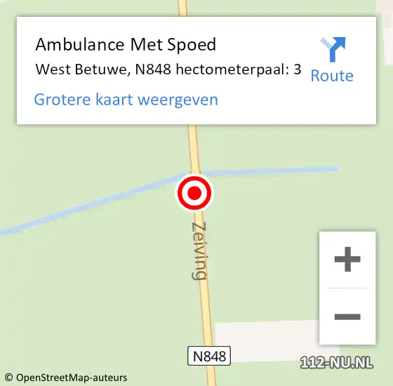 Locatie op kaart van de 112 melding: Ambulance Met Spoed Naar West Betuwe, N848 hectometerpaal: 3 op 12 december 2022 09:25