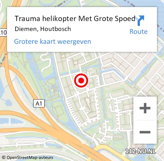 Locatie op kaart van de 112 melding: Trauma helikopter Met Grote Spoed Naar Diemen, Houtbosch op 12 december 2022 10:25