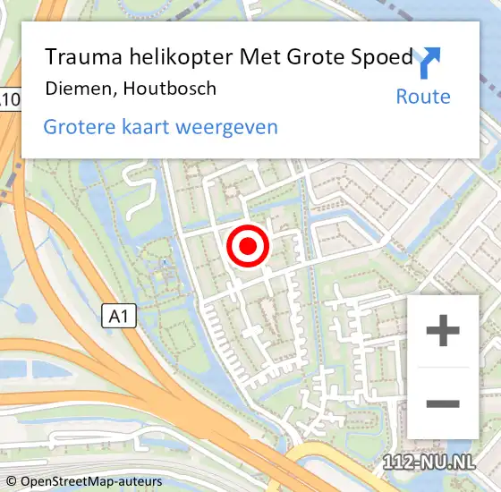 Locatie op kaart van de 112 melding: Trauma helikopter Met Grote Spoed Naar Diemen, Houtbosch op 12 december 2022 10:26