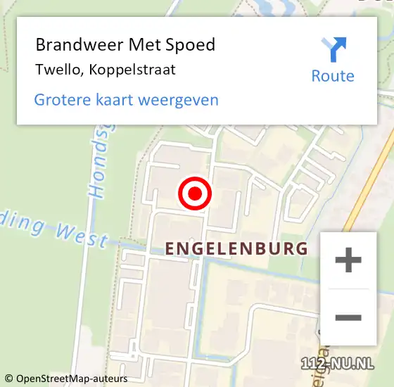 Locatie op kaart van de 112 melding: Brandweer Met Spoed Naar Twello, Koppelstraat op 12 december 2022 11:39