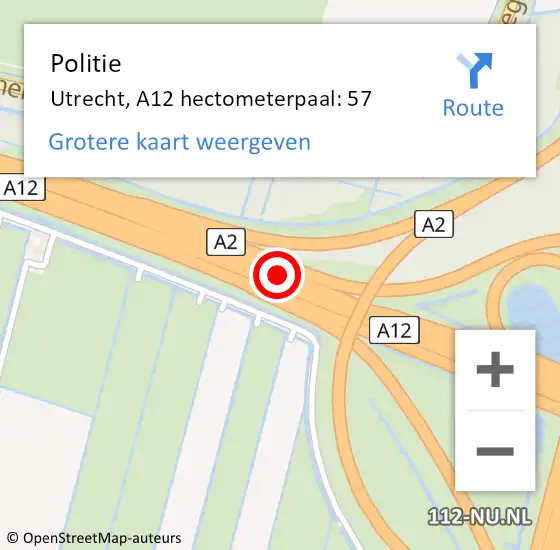 Locatie op kaart van de 112 melding: Politie Utrecht, A12 hectometerpaal: 57 op 12 december 2022 11:41