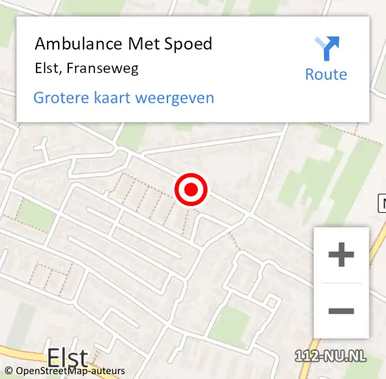Locatie op kaart van de 112 melding: Ambulance Met Spoed Naar Elst, Franseweg op 12 december 2022 13:09