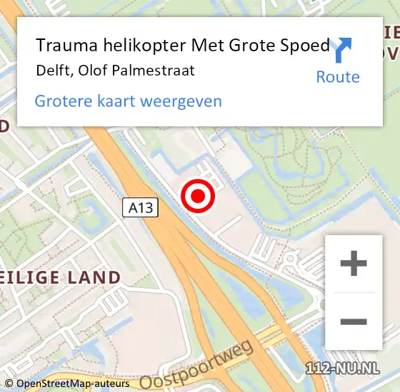 Locatie op kaart van de 112 melding: Trauma helikopter Met Grote Spoed Naar Delft, Olof Palmestraat op 12 december 2022 14:08