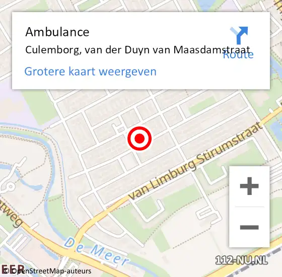 Locatie op kaart van de 112 melding: Ambulance Culemborg, van der Duyn van Maasdamstraat op 12 december 2022 14:28