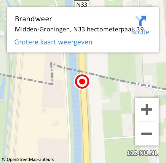 Locatie op kaart van de 112 melding: Brandweer Midden-Groningen, N33 hectometerpaal: 39 op 12 december 2022 18:18