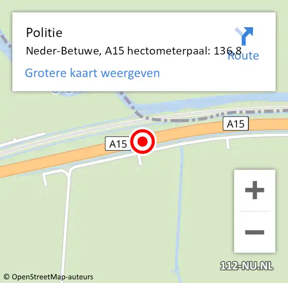 Locatie op kaart van de 112 melding: Politie Neder-Betuwe, A15 hectometerpaal: 136,8 op 13 december 2022 02:00