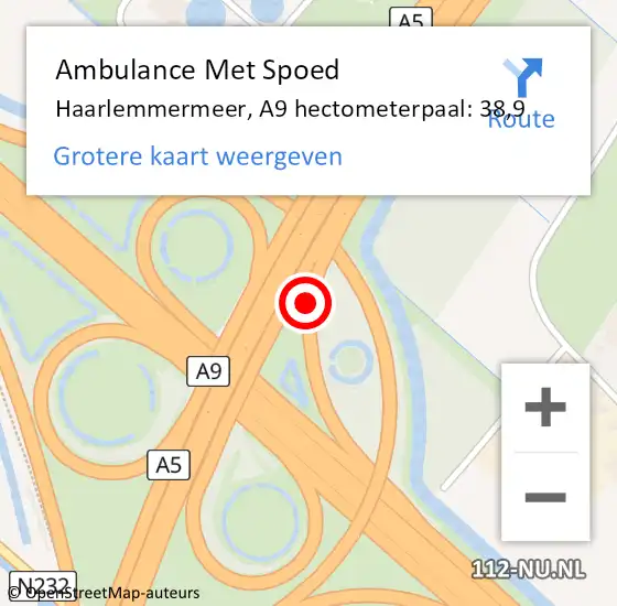 Locatie op kaart van de 112 melding: Ambulance Met Spoed Naar Haarlemmermeer, A9 hectometerpaal: 38,9 op 13 december 2022 06:09