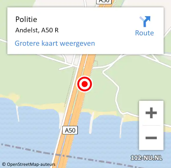 Locatie op kaart van de 112 melding: Politie Overbetuwe, A50 hectometerpaal: 151,9 op 13 december 2022 06:57