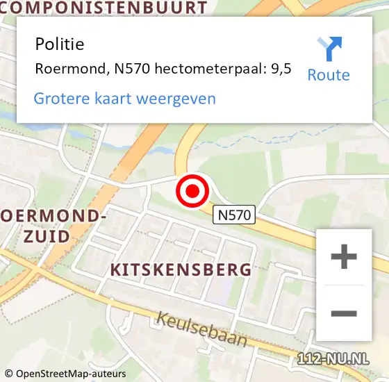 Locatie op kaart van de 112 melding: Politie Roermond, N570 hectometerpaal: 9,5 op 13 december 2022 08:34