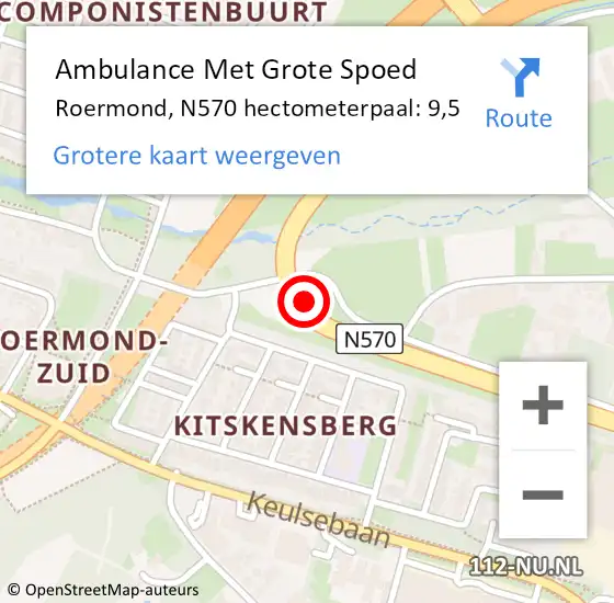 Locatie op kaart van de 112 melding: Ambulance Met Grote Spoed Naar Roermond, N570 hectometerpaal: 9,5 op 13 december 2022 08:34