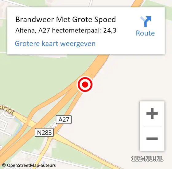 Locatie op kaart van de 112 melding: Brandweer Met Grote Spoed Naar Altena, A27 hectometerpaal: 24,3 op 13 december 2022 10:54