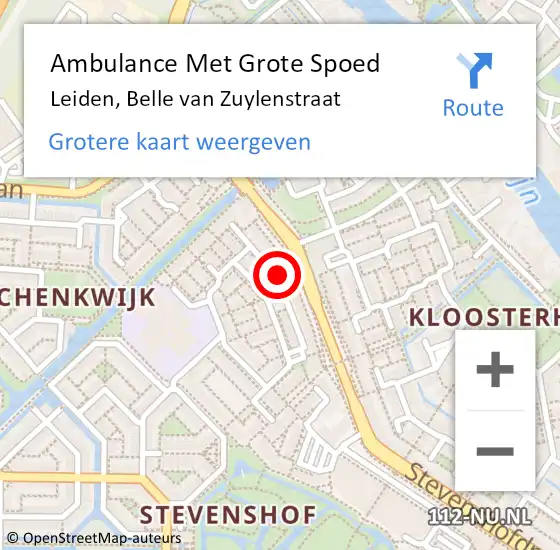 Locatie op kaart van de 112 melding: Ambulance Met Grote Spoed Naar Leiden, Belle van Zuylenstraat op 13 december 2022 11:18