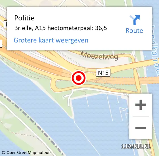 Locatie op kaart van de 112 melding: Politie Brielle, A15 hectometerpaal: 36,5 op 13 december 2022 11:46