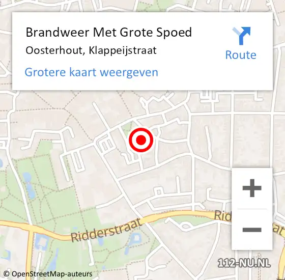 Locatie op kaart van de 112 melding: Brandweer Met Grote Spoed Naar Oosterhout, Klappeijstraat op 13 december 2022 12:59