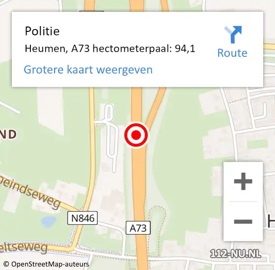 Locatie op kaart van de 112 melding: Politie Heumen, A73 hectometerpaal: 94,1 op 13 december 2022 13:40