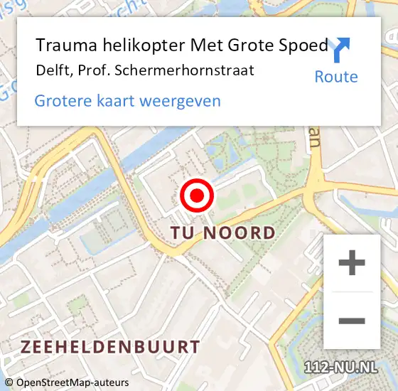 Locatie op kaart van de 112 melding: Trauma helikopter Met Grote Spoed Naar Delft, Prof. Schermerhornstraat op 13 december 2022 14:03