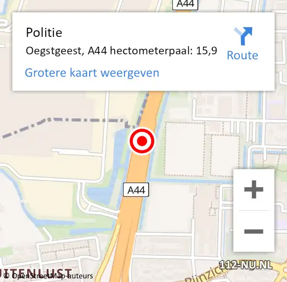 Locatie op kaart van de 112 melding: Politie Oegstgeest, A44 hectometerpaal: 15,9 op 13 december 2022 14:04