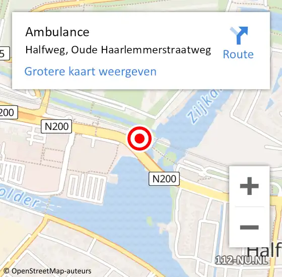 Locatie op kaart van de 112 melding: Ambulance Halfweg, Oude Haarlemmerstraatweg op 13 december 2022 16:19