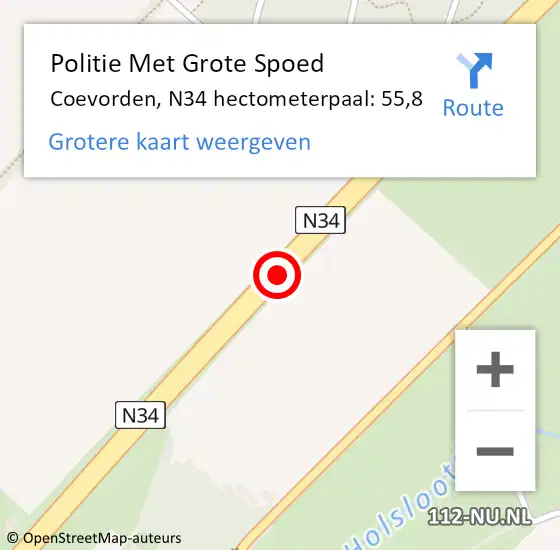 Locatie op kaart van de 112 melding: Politie Met Grote Spoed Naar Coevorden, N34 hectometerpaal: 55,8 op 13 december 2022 16:24