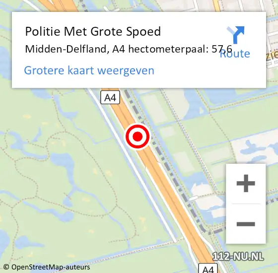 Locatie op kaart van de 112 melding: Politie Met Grote Spoed Naar Midden-Delfland, A4 hectometerpaal: 57,6 op 13 december 2022 17:01