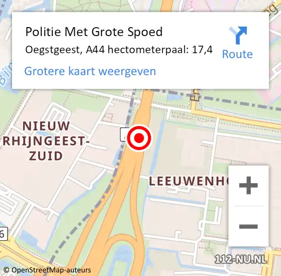 Locatie op kaart van de 112 melding: Politie Met Grote Spoed Naar Oegstgeest, A44 hectometerpaal: 17,4 op 13 december 2022 17:33