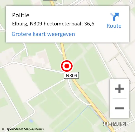 Locatie op kaart van de 112 melding: Politie Elburg, N309 hectometerpaal: 36,6 op 13 december 2022 17:37